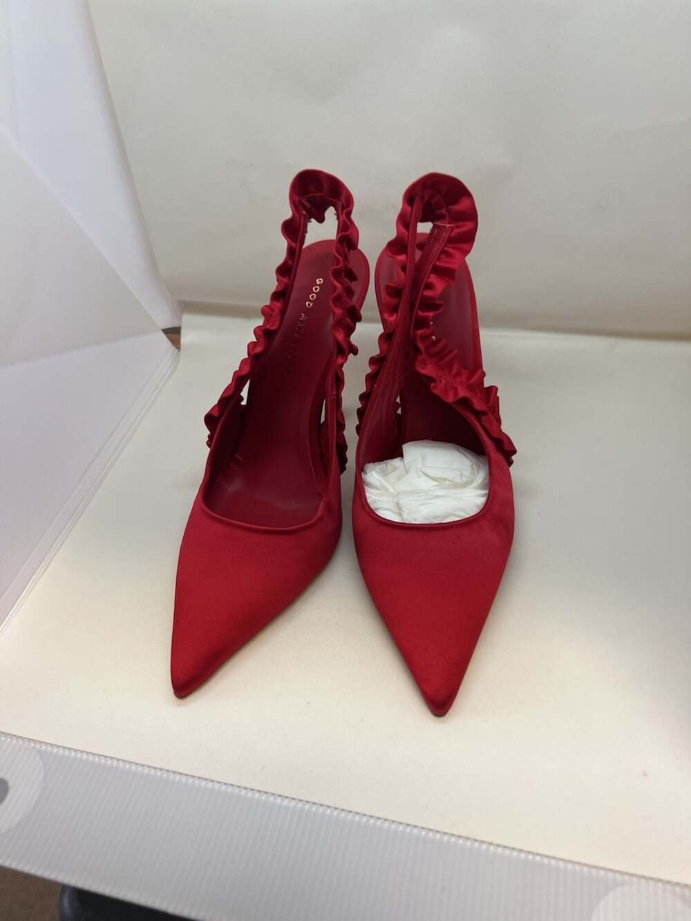 Good American Red Ruffle Slingback Pumps Stiletto Heels